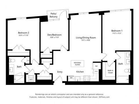 Floor plan for 3 beds, 2 baths, 1286 sqft